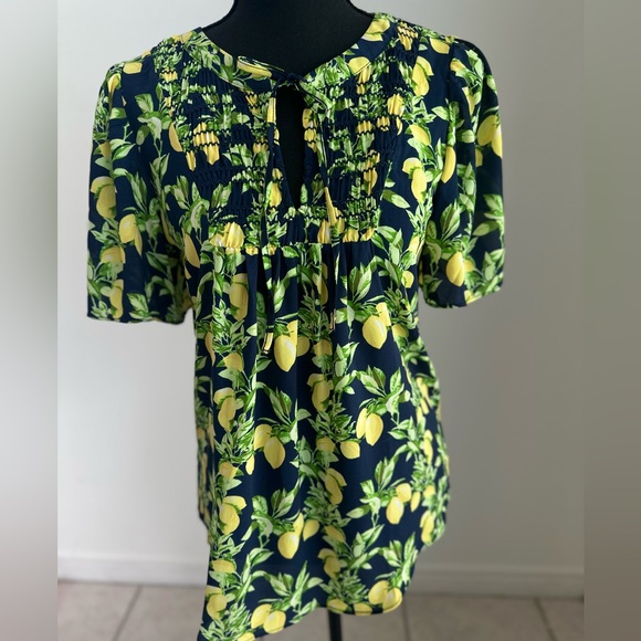 Lemon Ruffle Button Mixed Media Top - Picture 2 of 8